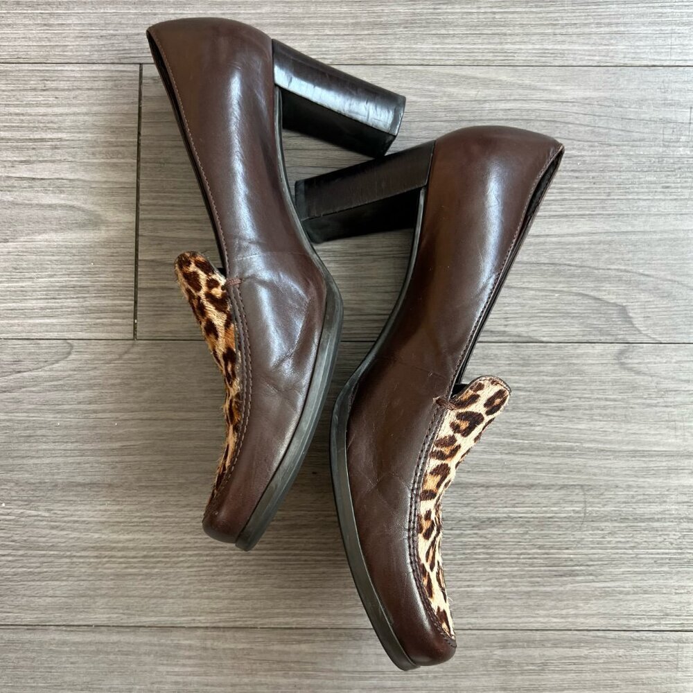 Vtg Franco Sarto Brown Leather Leopard Animal Print Calf Hair Pumps Size W7.5 - Picture 3 of 9